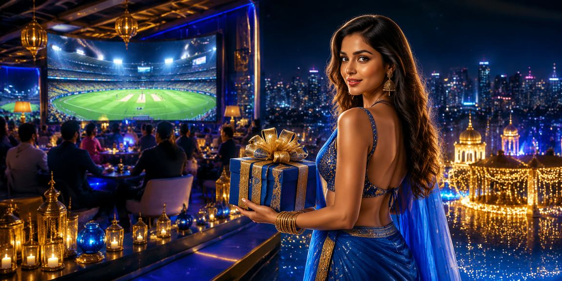 Crowded cricket stadium during night match in India with illuminated scoreboards