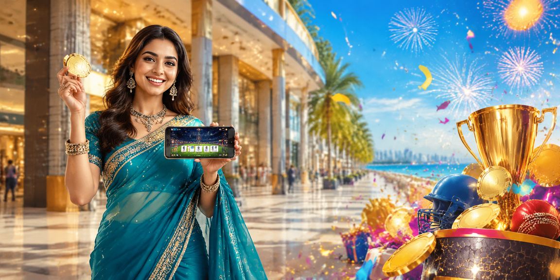 Sports enthusiast in saree enjoying cricket betting and lottery on mobile devices