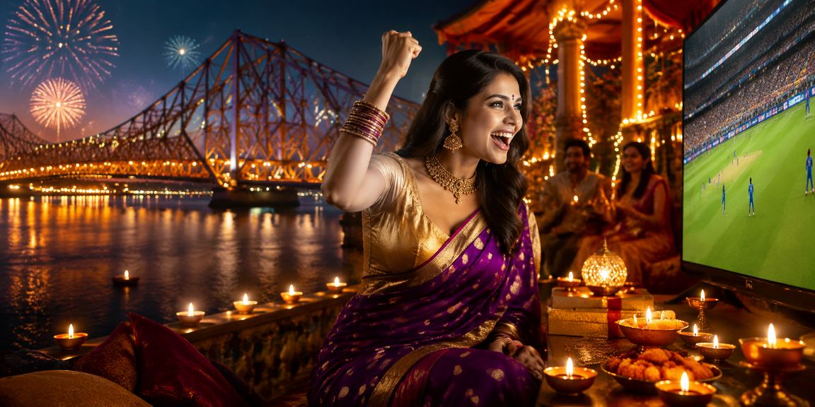 View of Kolkata’s Howrah Bridge and festive lottery promotions in Diwali celebration